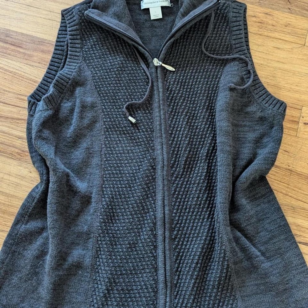 Christopher & Banks Dark Gray Knit Zip-Front Hooded Vest